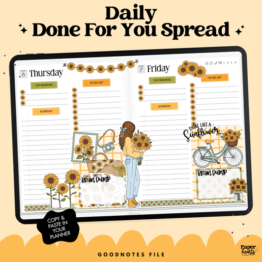 Sunflowers 1 Page Daily Done For You Spread - Goodnotes Only