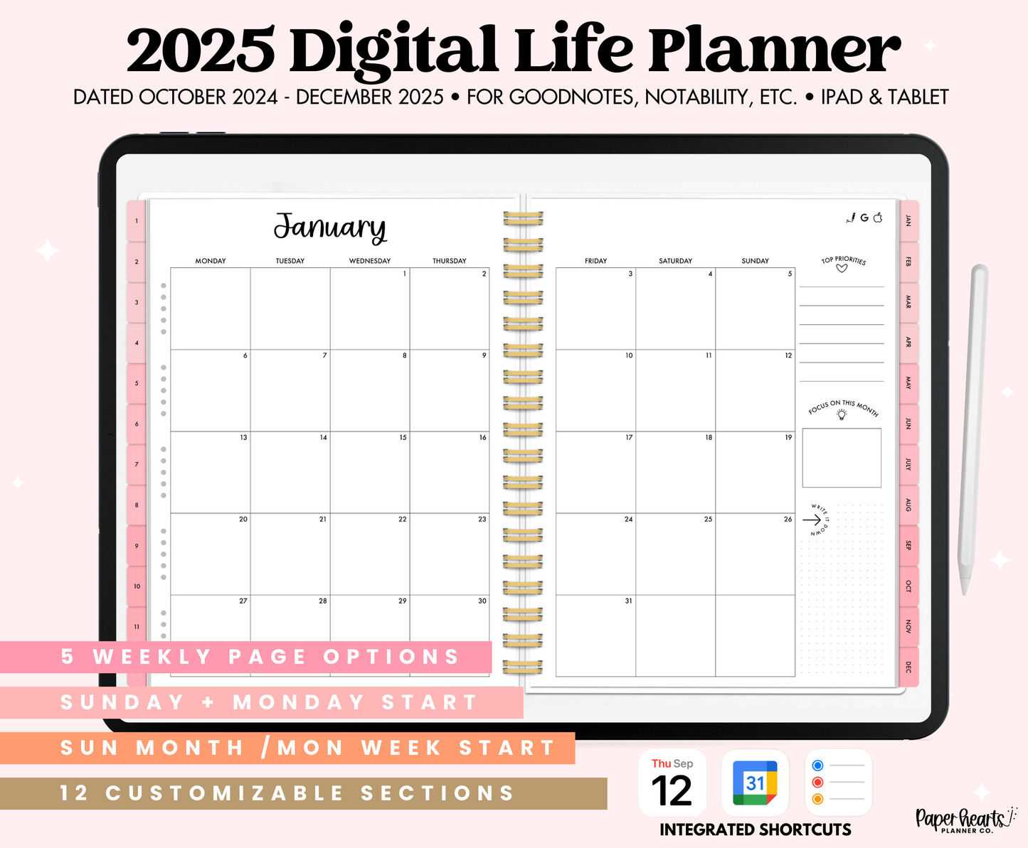 2025 Pink Life Planner With Weeks Only