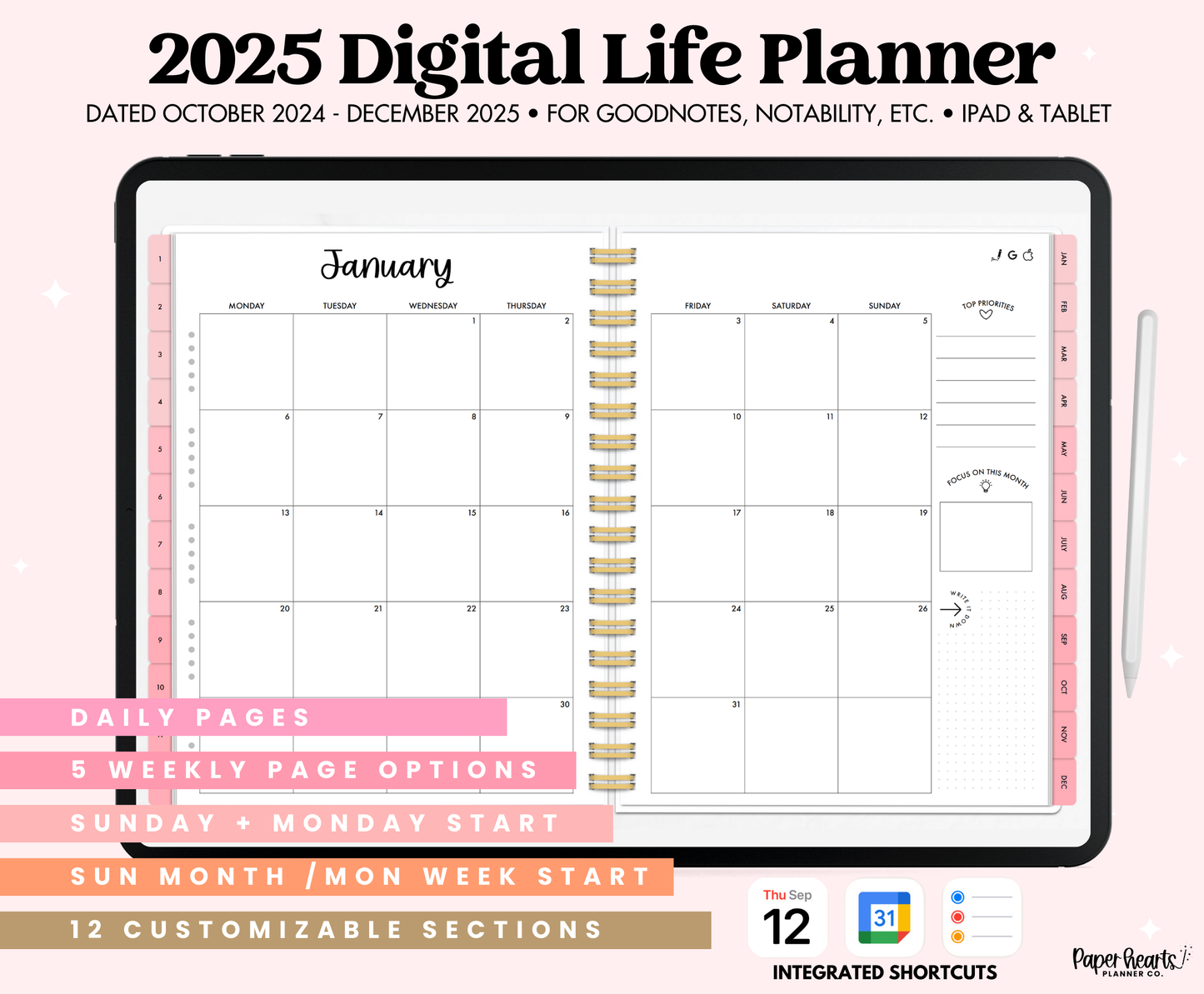 2025 Pink Life Planner With Weeks & Days