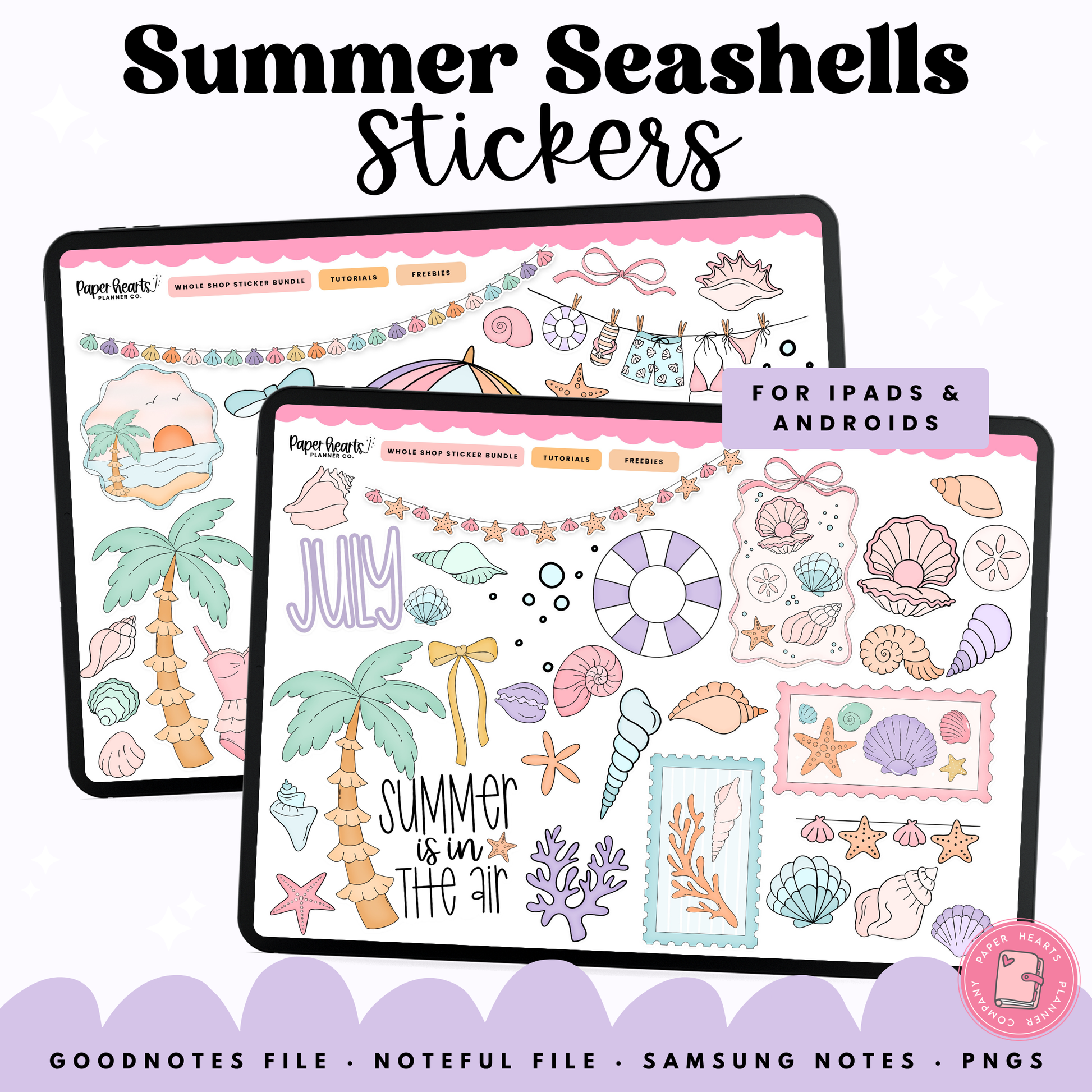 Summer-themed seashell stickers for digital devices on a white background