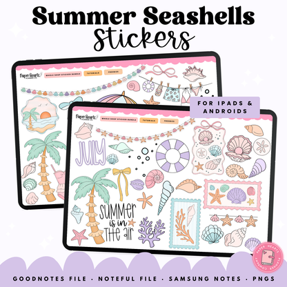Summer-themed seashell stickers for digital devices on a white background