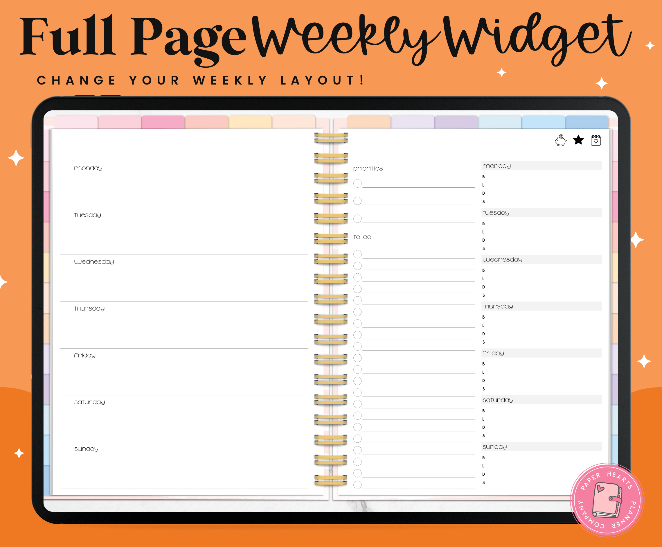 Widget Weekdays Horizontal Weekly Widget Layout 2 – Paper Hearts Planner Co.